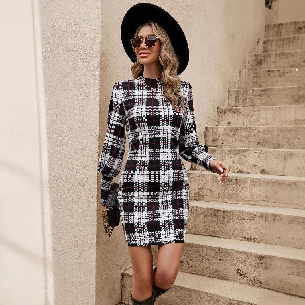 Black tight dress with lantern sleeves and printed design in Japanese Korean casual style