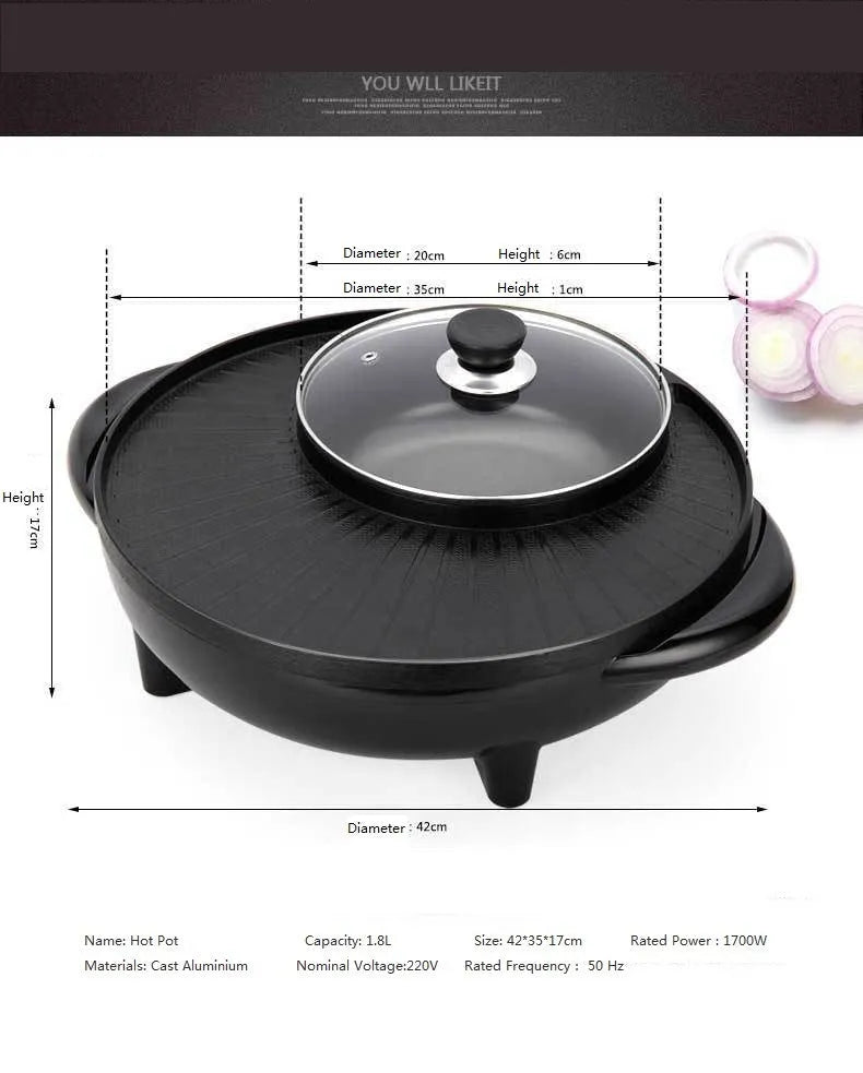 Black multifunctional electric grill pot with aluminium liner for Korean shabu-shabu hot pot and Teppanyaki cooking.