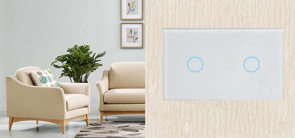 White tempered glass touch wall light switch with two control panels and LED indicators
