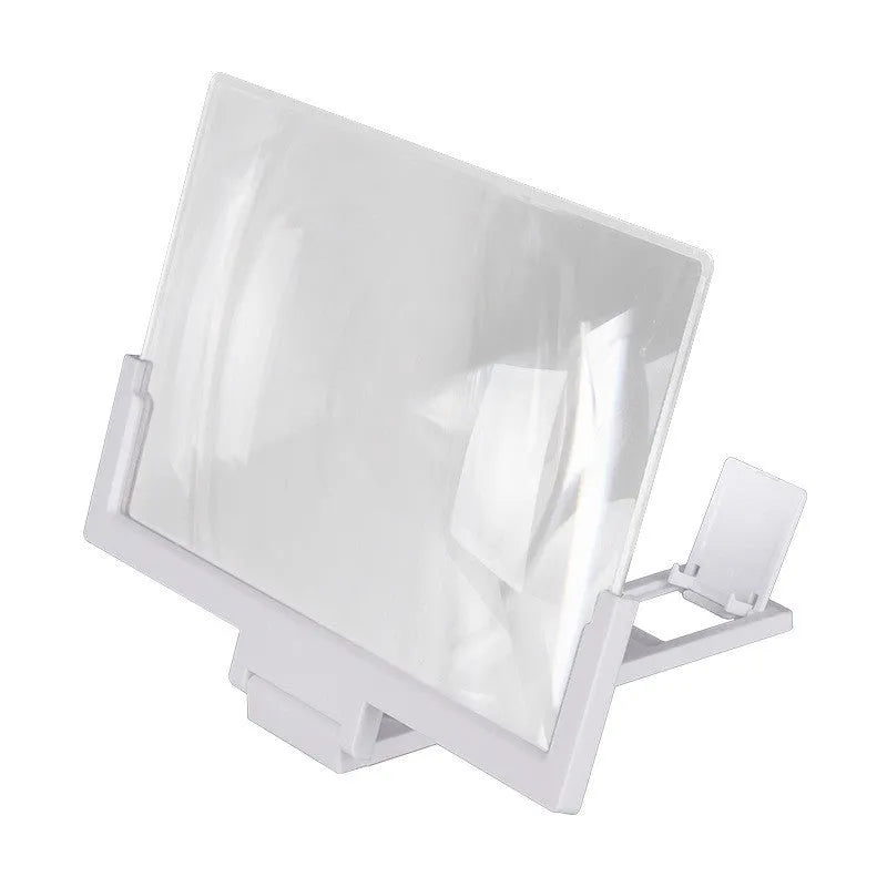 Mobile phone stand magnifier with black frame and clear acrylic screen showing magnification effect