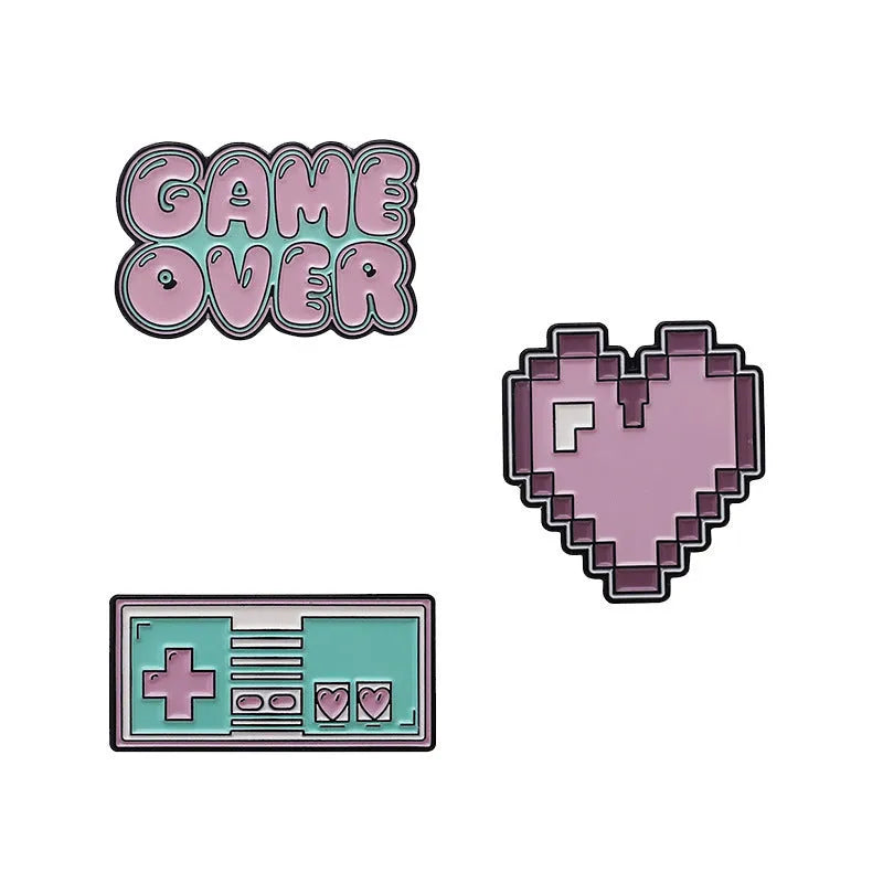 Stereo game console metal alloy badge with pin back, shown in available colours on a backpack strap