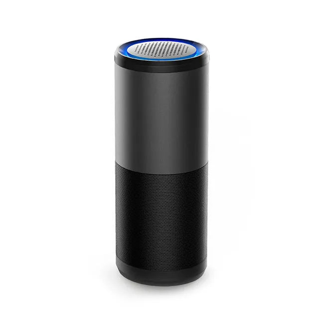 Black portable mini car air purifier with smart sensor display on metal housing