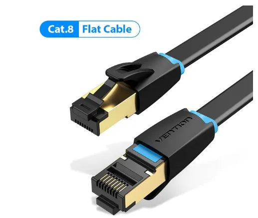 Flat and round styles of a black Cat8 shielded Ethernet cable with RJ45 plugs on a wood desk.
