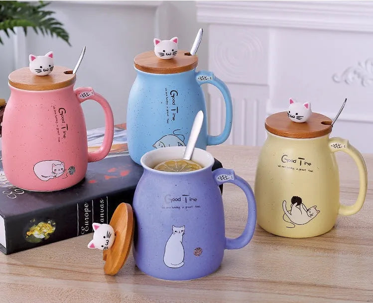 450ml cartoon ceramics cat mug with lid and spoon in pink