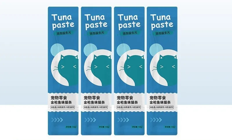 Pack of 10 cat snack strips in four flavour varieties for kittens.