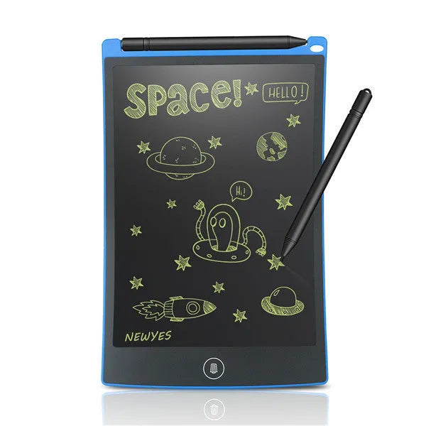 8.5 inch LCD drawing tablet in black showing finger writing on flexible screen with one-key clear button
