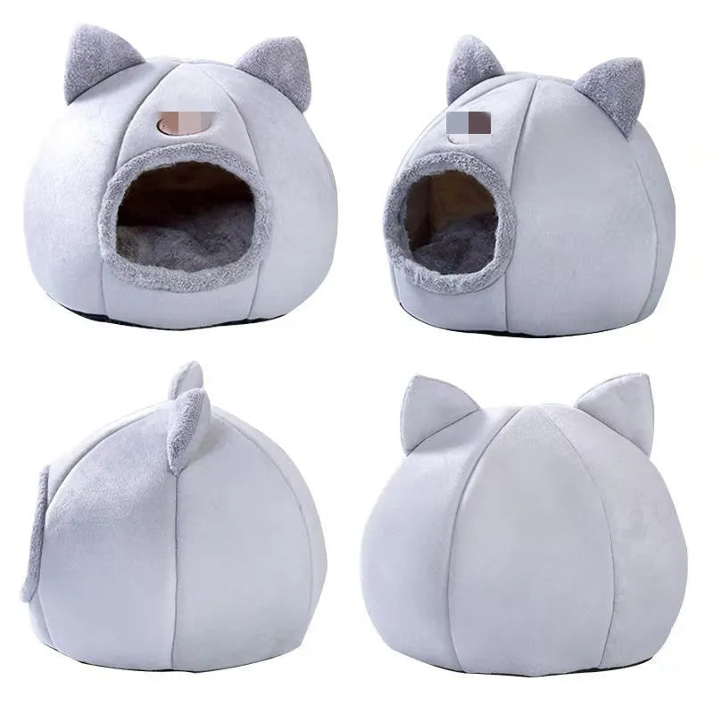 Grey closed cat nest made of Arctic velvet and short plush with a removable washable sleeping mat, available in L and M sizes