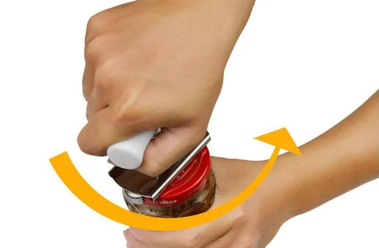 White stainless steel adjustable bottle cap opener with PP handle showing gear mechanism