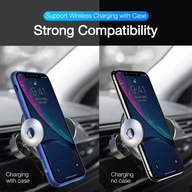 Black wireless car phone charger holder with Qi standard, adjustable 63-88mm, ABS and silicone build