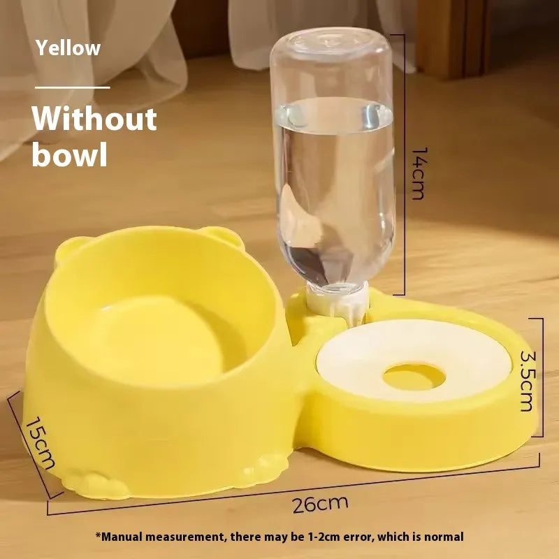 Automatic drinking pet basin with double stainless steel and ceramic bowls for cats.