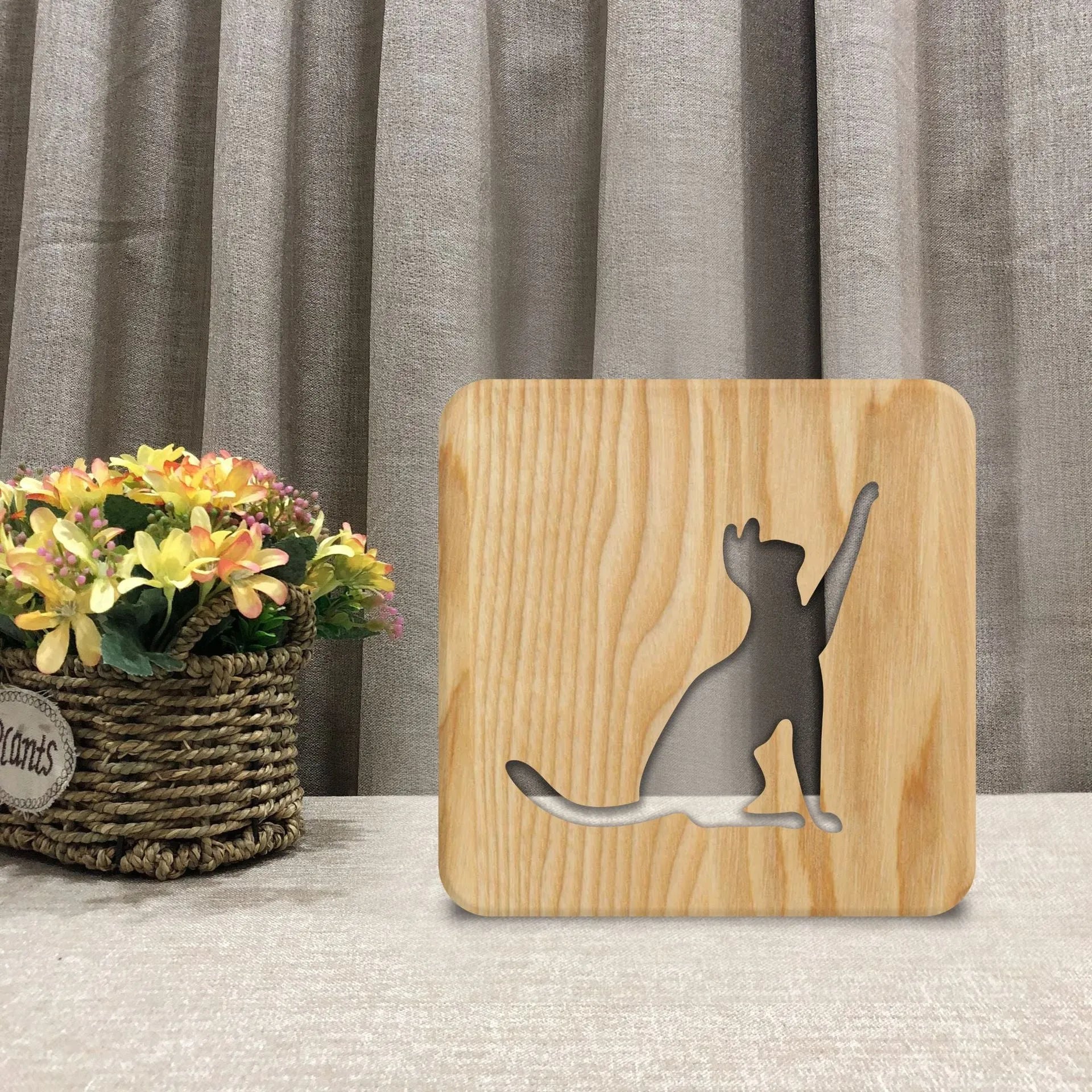 Solid wood hollow 3D cat silhouette night light with USB power cable