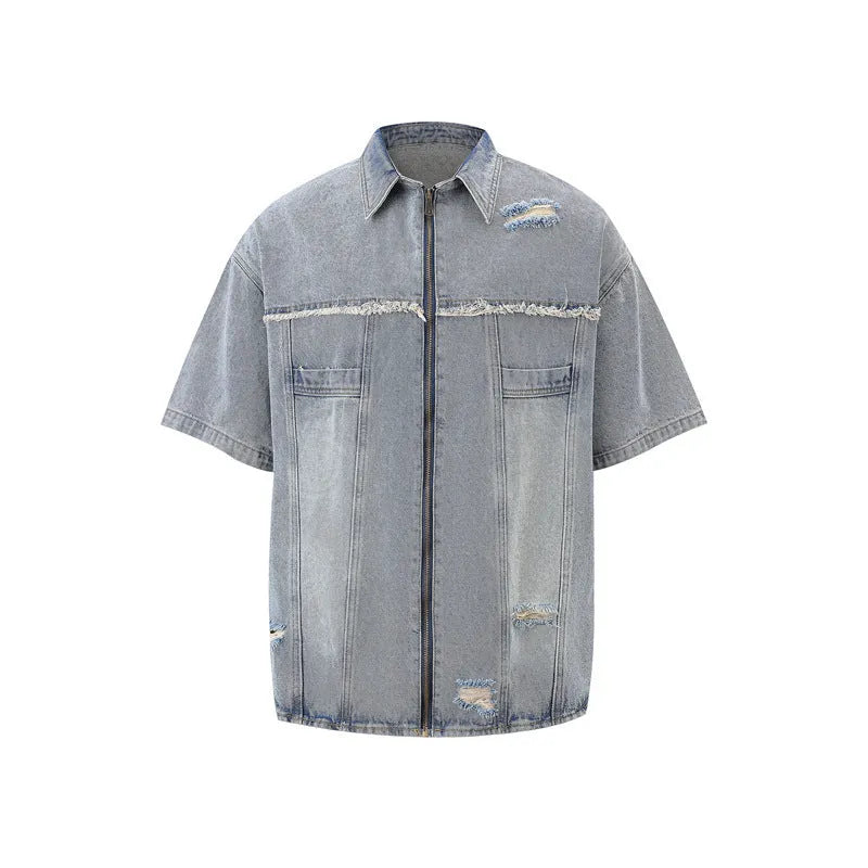 Denim overall suit matching set with short sleeve top and trousers in street style loose fit