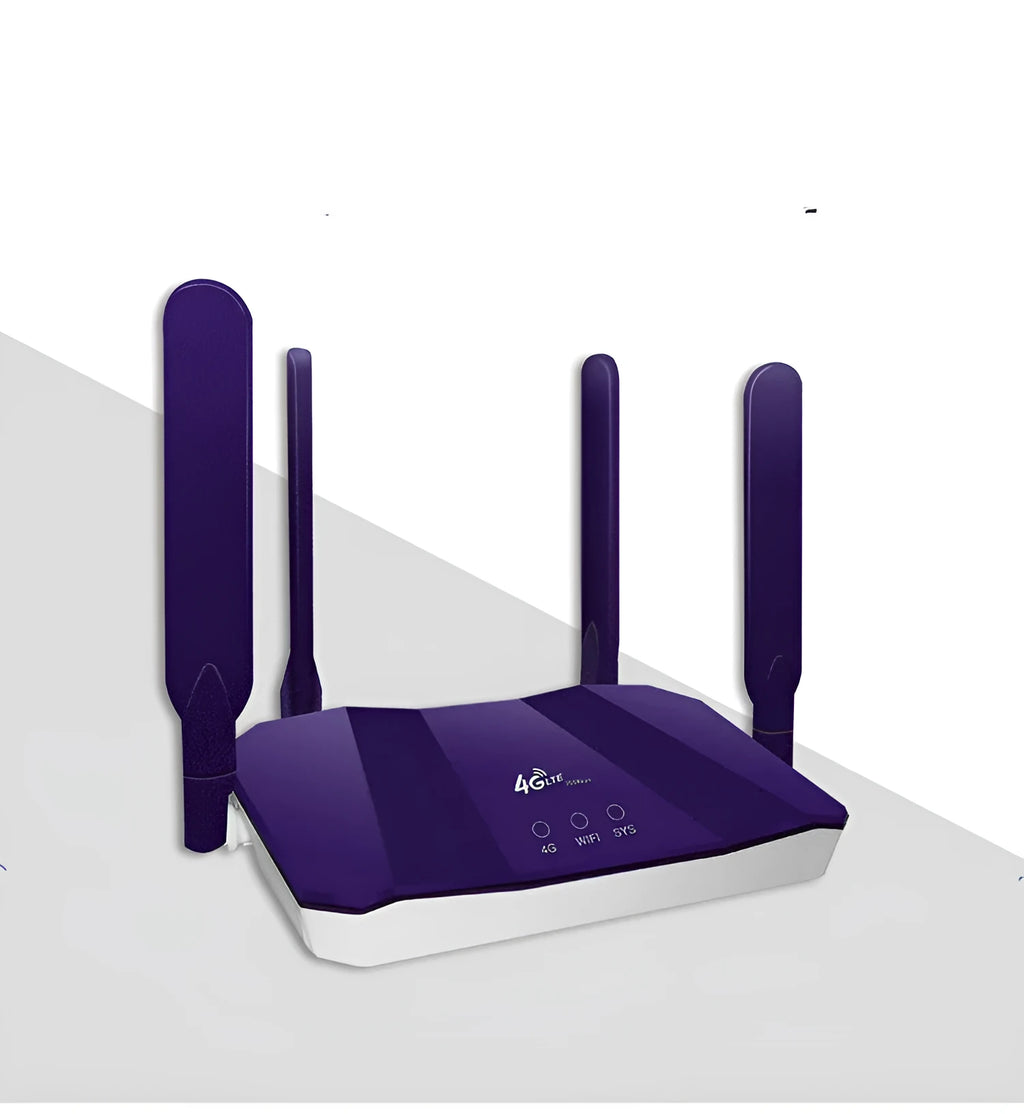 Blue 4G dual mode wireless and wired router with four antennas, dimensions 153x137x21mm