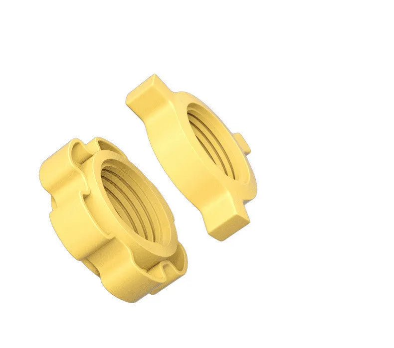 Rubber-coated dumbbell set with foam grip handle and double safety nut on wooden floor