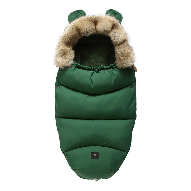 Convertible baby sleeping bag cocoon in a pram, showing cotton blend fabric and flannel lining.