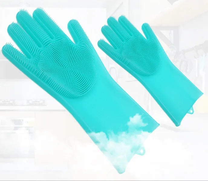 Blue silicone cleaning gloves with a textured sponge palm design for scrubbing.
