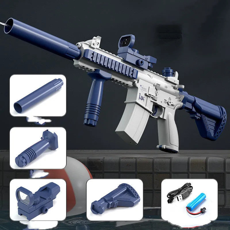 Blue electric water gun with USB charging cable and 358ml water capacity for outdoor play