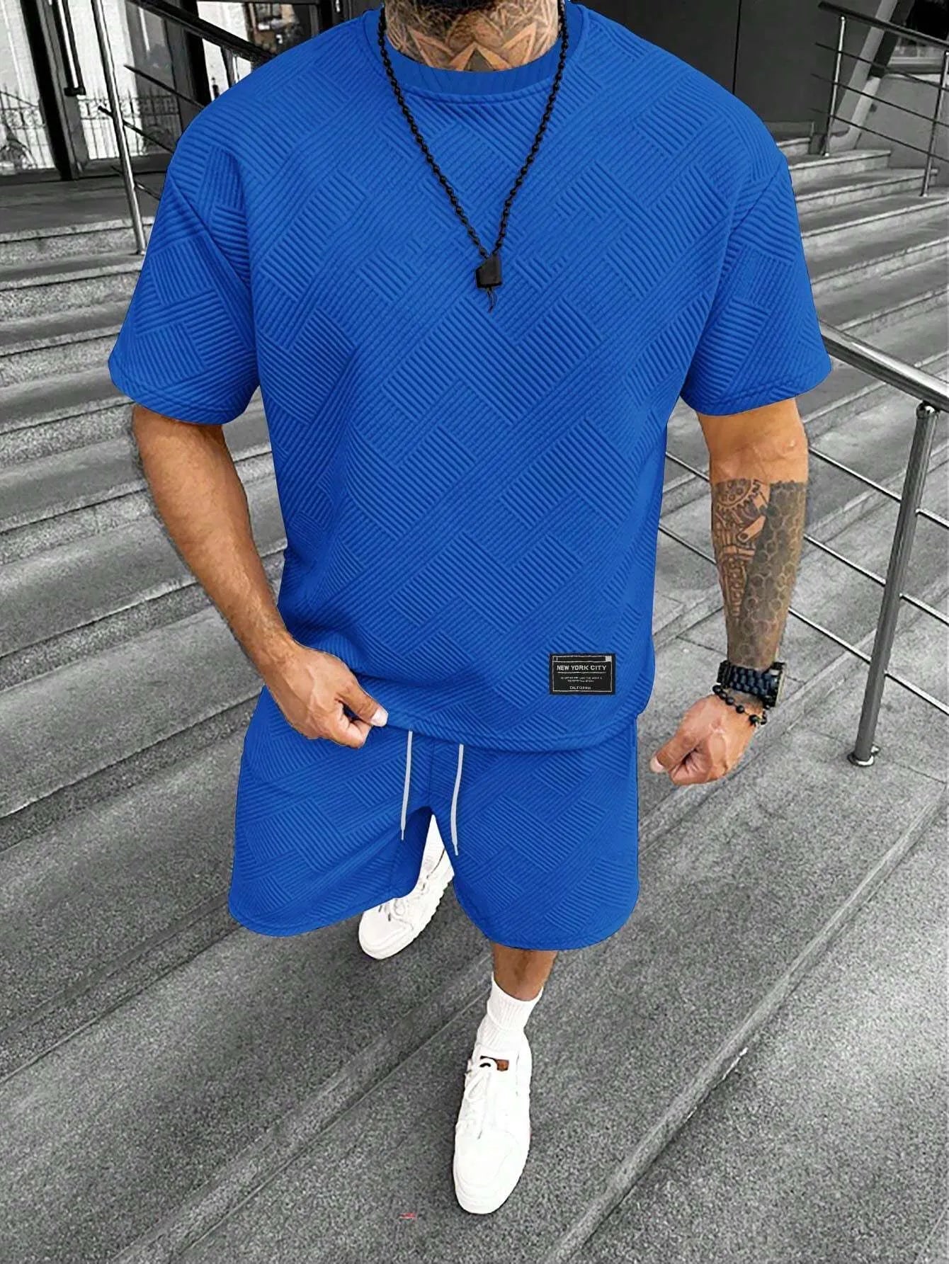 Men's two-piece shorts set with 3D printed design in chemical blend fabric