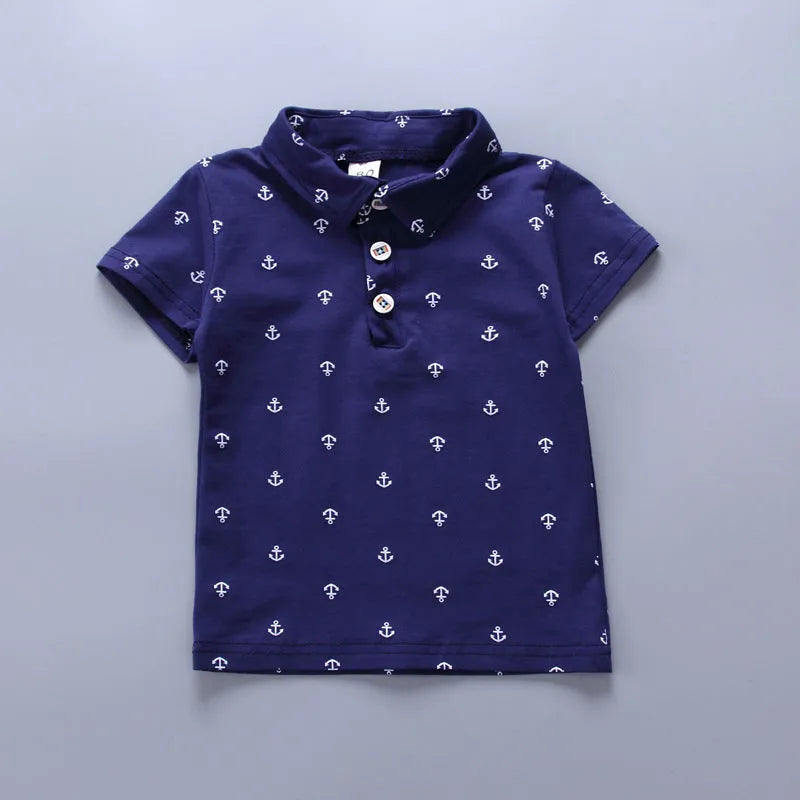Children's blue cotton pullover pants suit with short sleeves for infant or toddler
