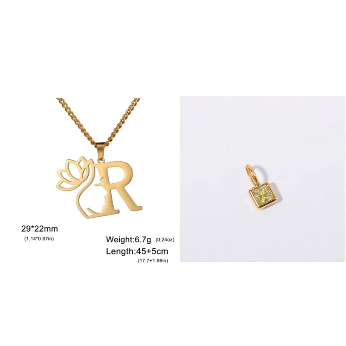 Stainless steel necklace with cross chain and a single initial pendant in a gold or silver finish.