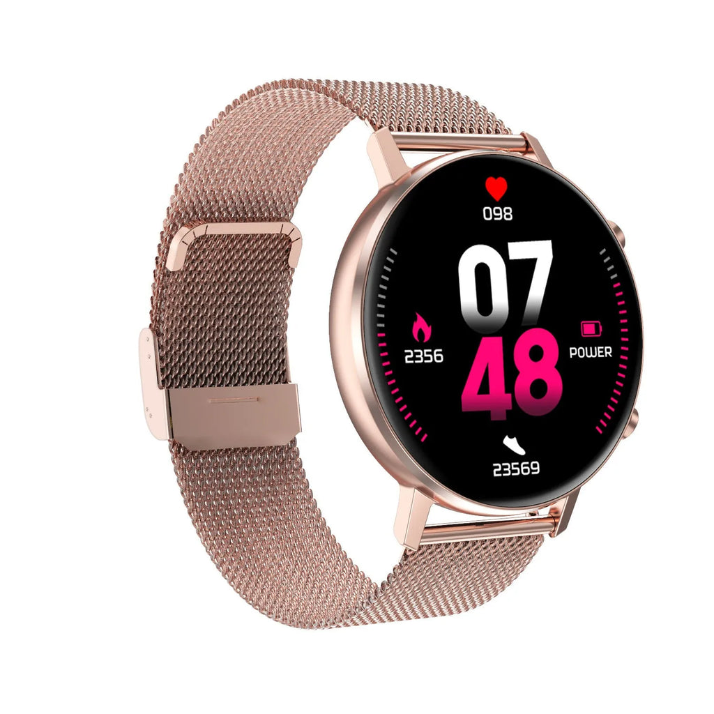 DT96 smart bracelet fitness tracker with steel strap on wrist, showing 1.3-inch screen