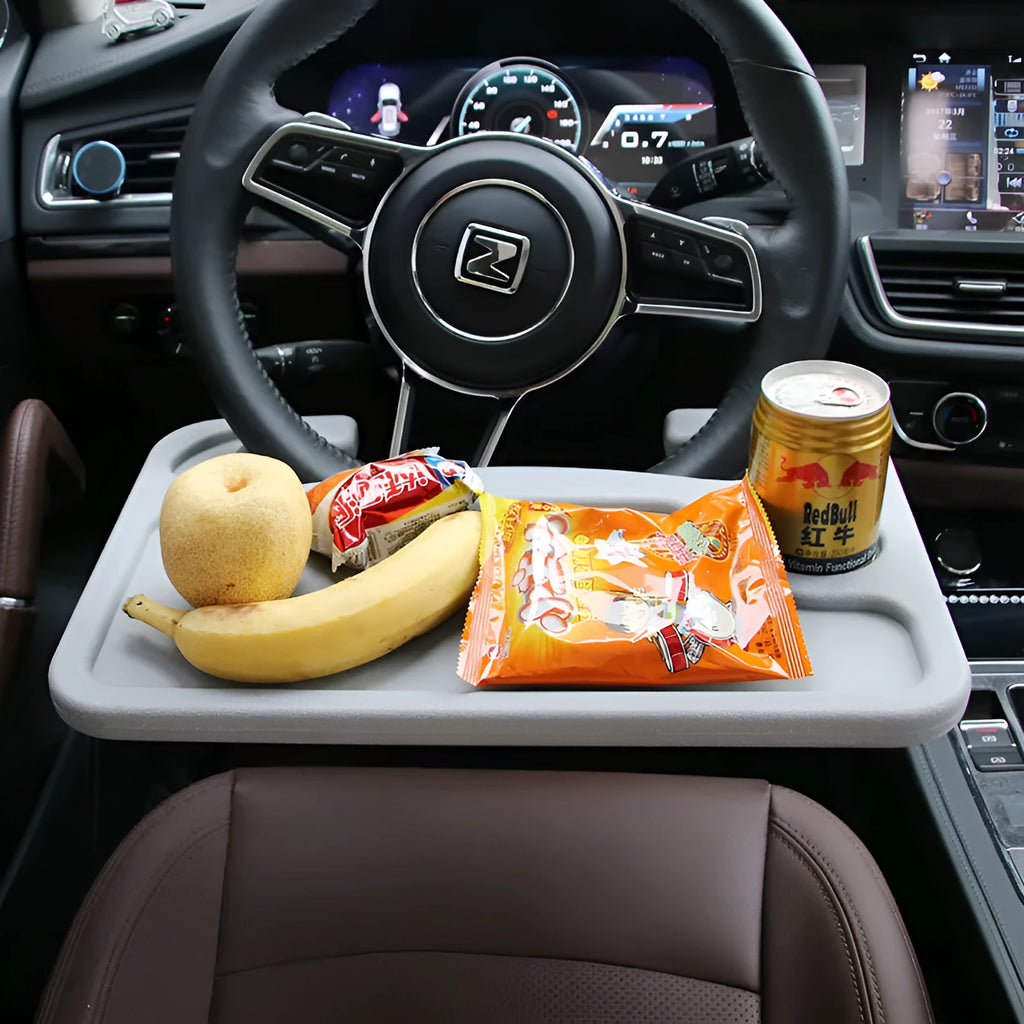 Black ABS steering wheel desk table attached to a car steering wheel with adjustable angle handle