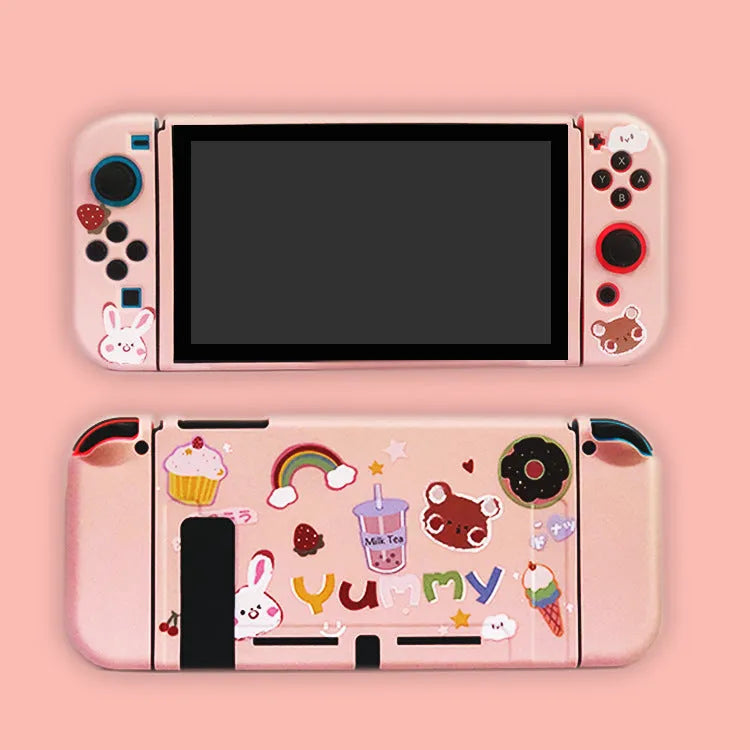 Nintendo Switch silicone protection case showing four colour pattern options and split-shell design
