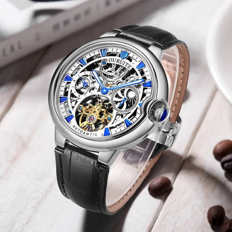 Men's mechanical watch hollow dial 43mm automatic movement rose gold leather strap