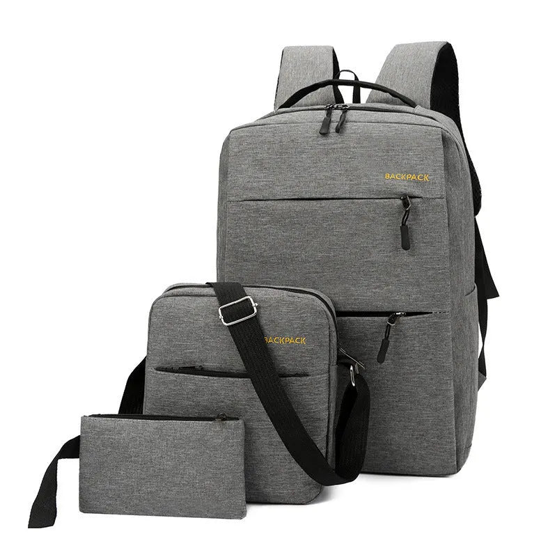Men's casual fashion computer bag three-piece set in nylon, showing USB charging port and internal compartments.