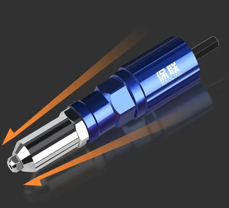 Electric rivet gun in blue and black, 160mm length, carbon steel and plastic body, with auxiliary grip
