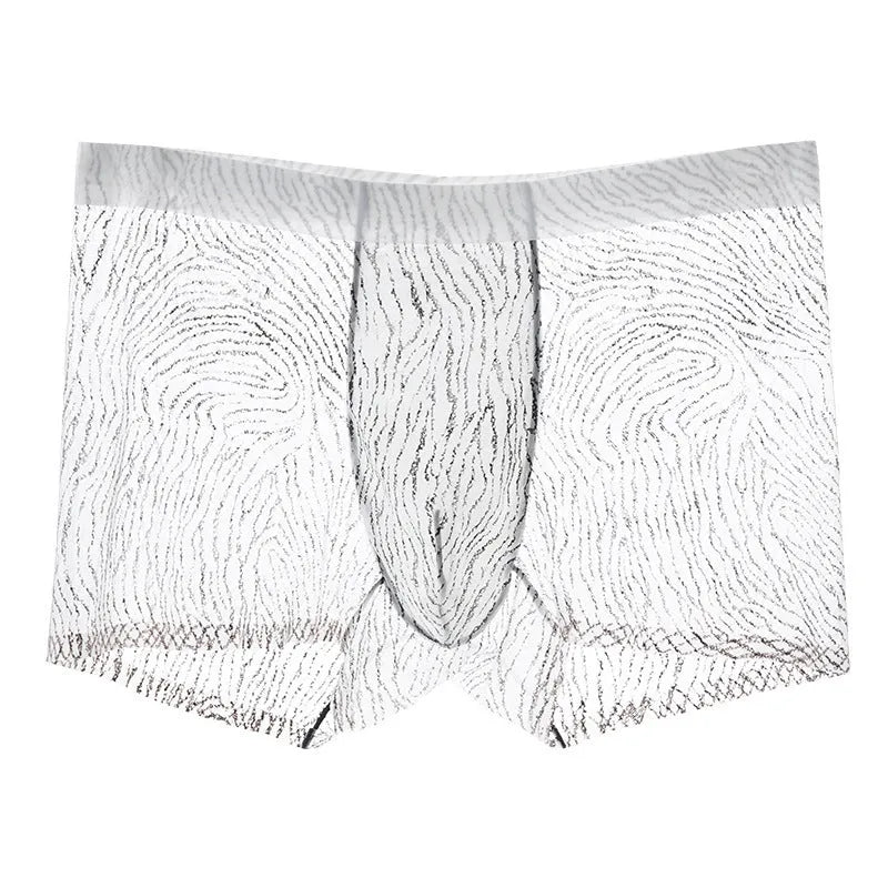 Men's ice silk boxer shorts in a camouflage pattern, showing mid-waist design.