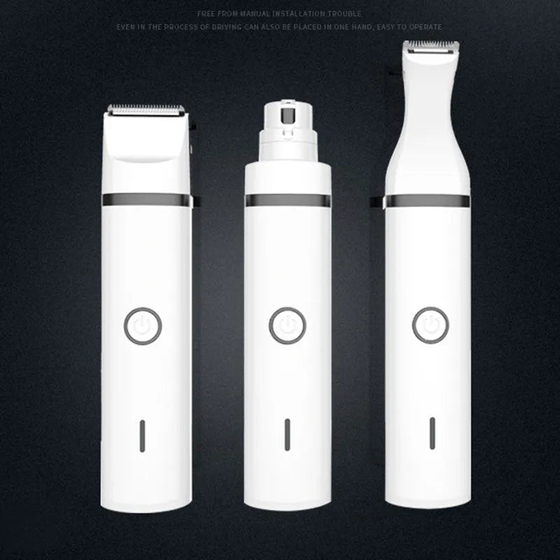 G12 white and black cordless pet hair clipper with shaving, trimming, and nail grinding heads for dogs and cats