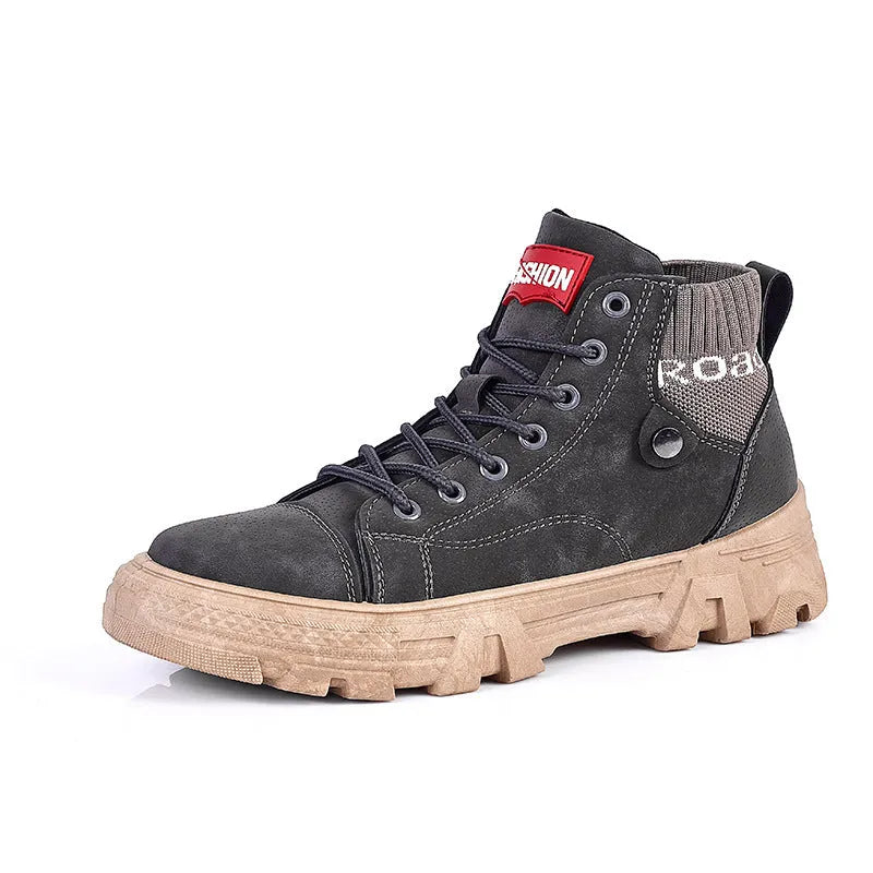 Men's high top Martin boots with frosted leather finish, square heel, and front lace closure