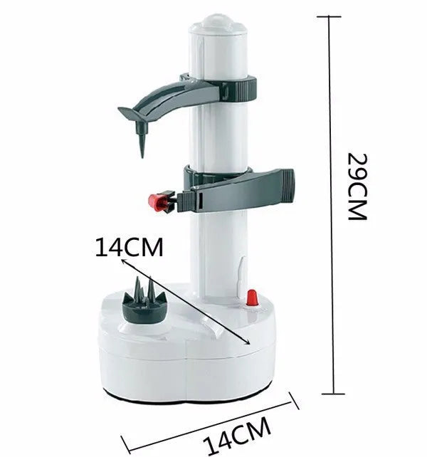 White electric fruit and vegetable peeler with stainless steel blades on plastic base