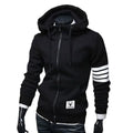Cotton nylon fleece hooded zip pullover sweatshirt in black, side view showing full-length zip and attached hood