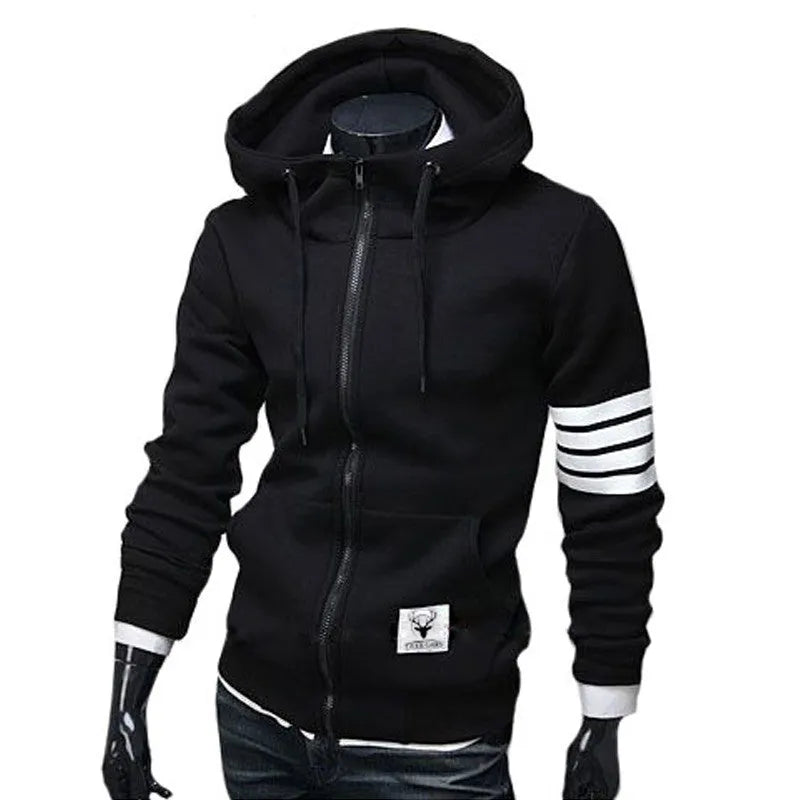 Cotton nylon fleece hooded zip pullover sweatshirt in black, side view showing full-length zip and attached hood