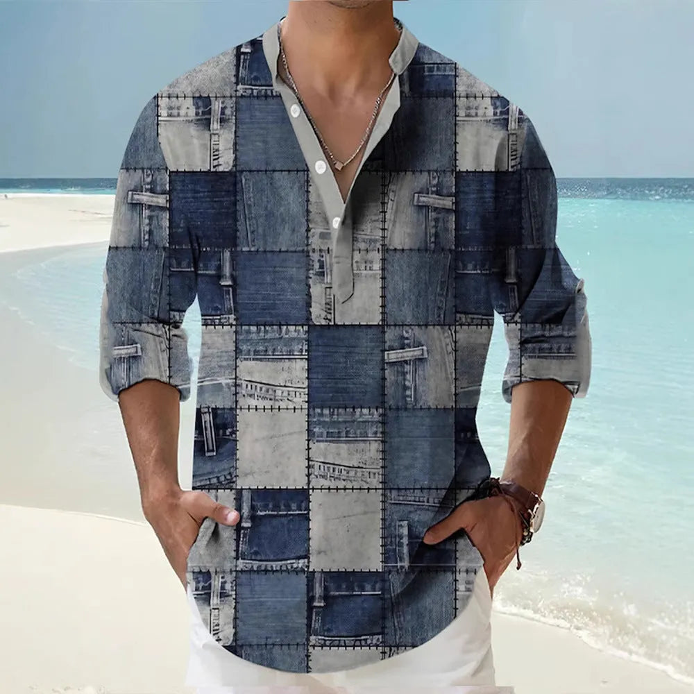 Men's thin digital bamboo linen Hawaiian shirt with stripe pattern in cardigan style