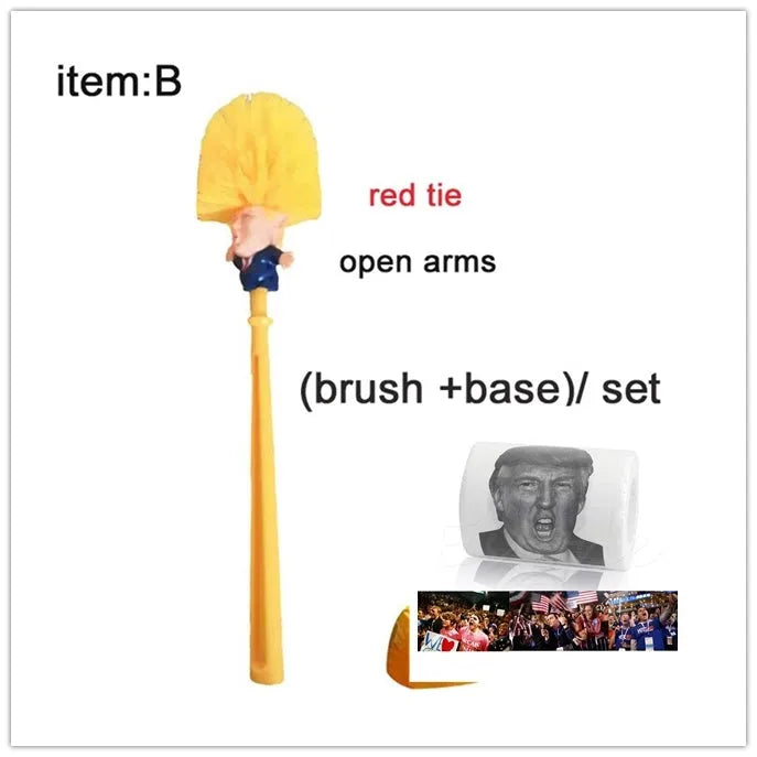 Yellow plastic Donald Trump toilet brush with hanging slot on handle.
