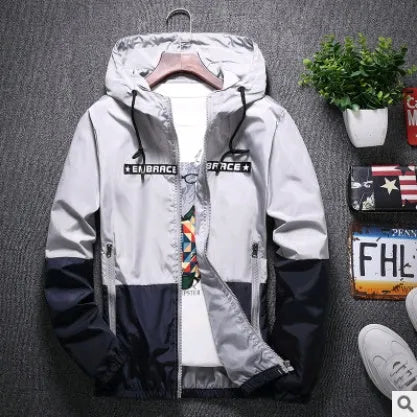 Men's casual hooded jacket in blue with slim fit and stripes, spring autumn thin section coat