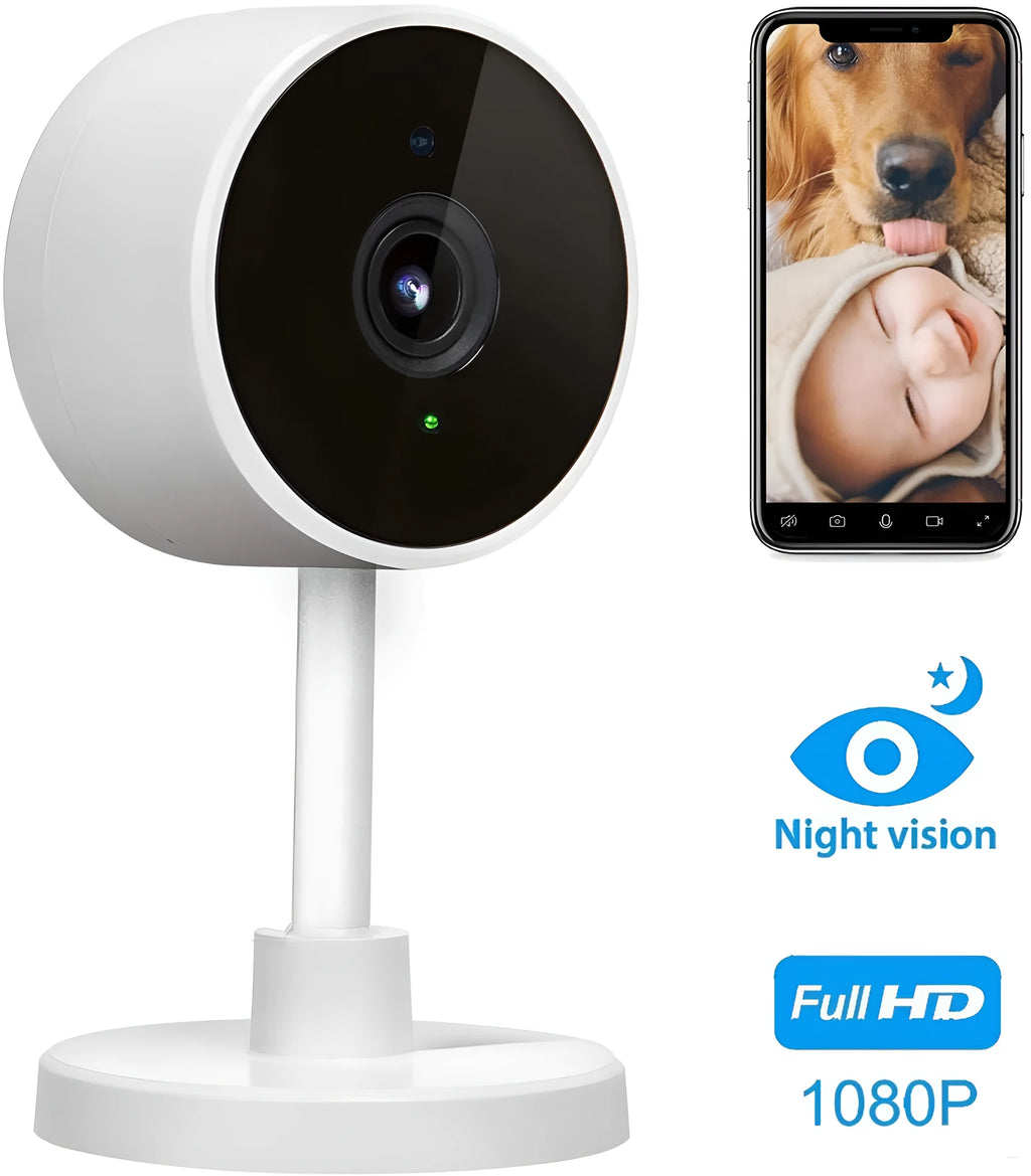 White WiFi security camera with gun-style design for home monitoring with microSD storage