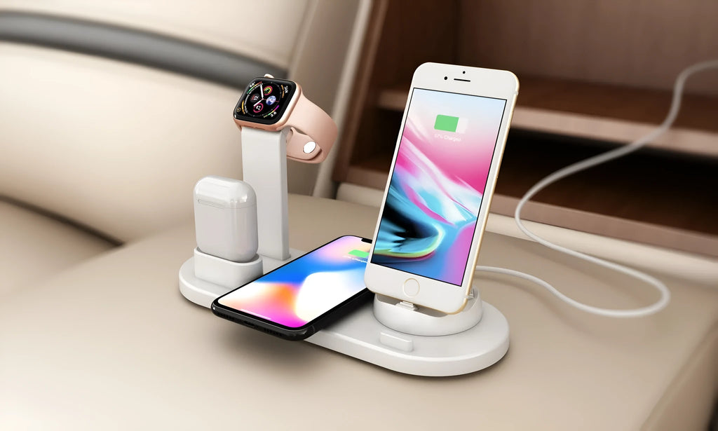 4 in 1 wireless charger stand for iPhone Samsung iWatch AirPods in black silicone material with 360 degree rotating dock
