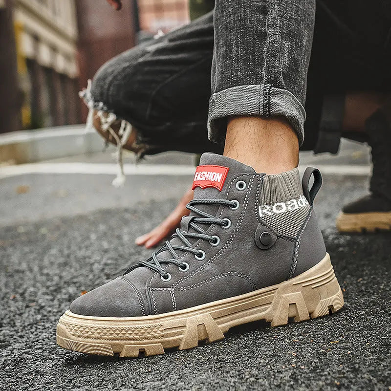 Men's high top Martin boots with frosted leather finish, square heel, and front lace closure
