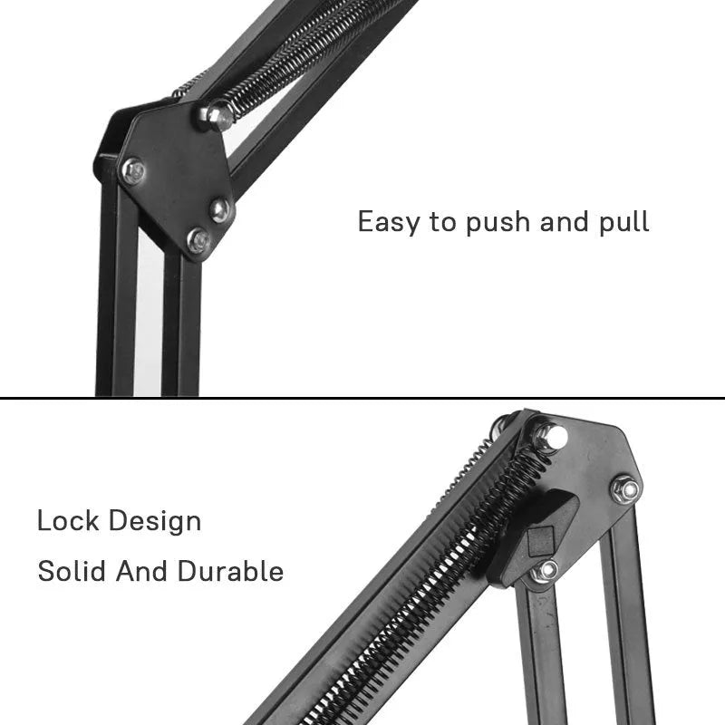 Black lazy mobile phone holder made of carbon steel and aluminium alloy placed on a bedside table.