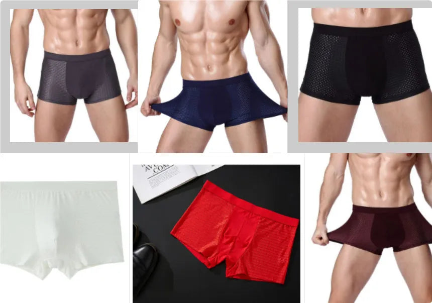Men's solid colour ice silk modal boxer briefs with U convex design and mid-waist fit.