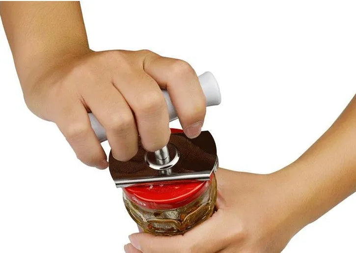 White stainless steel adjustable bottle cap opener with PP handle showing gear mechanism