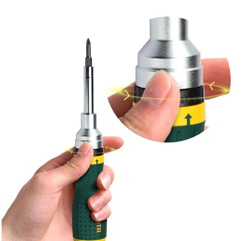 19 in 1 green ratchet screwdriver set with SVCM steel precision bits and ergonomic handle