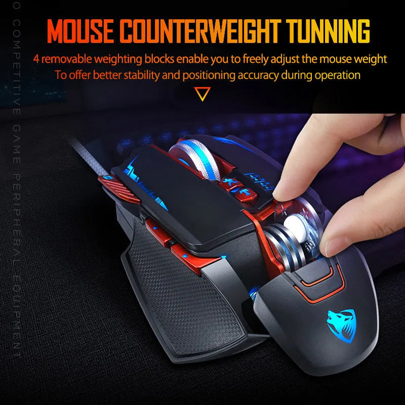 Thunder Wolf V9 black wired gaming mouse with six buttons and ergonomic shape on a mouse pad.