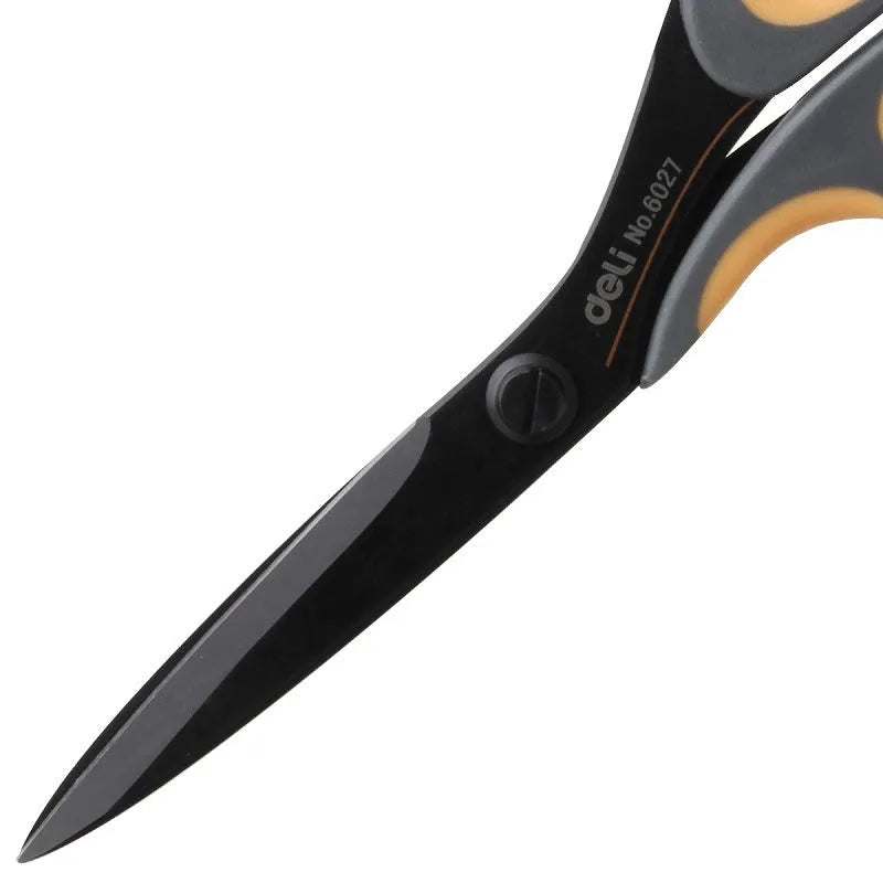 Black plastic handle alloy stainless steel scissors 175mm 6 inch blade on white background