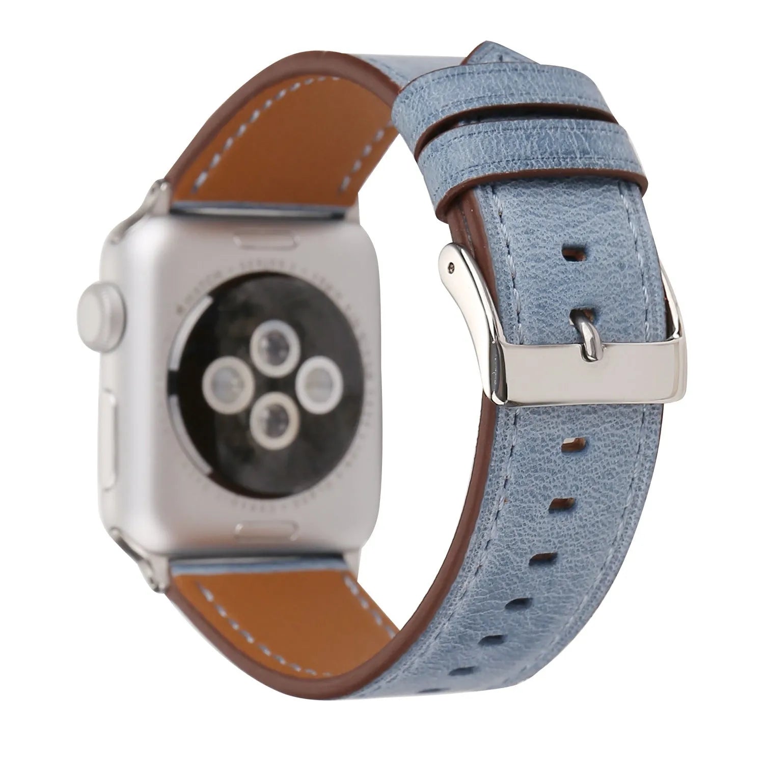 Blue leather watch strap with a silver folding buckle on a 42mm width watch case.