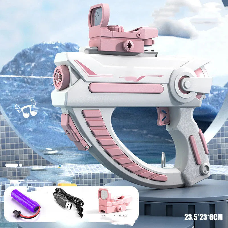 Blue electric water gun with USB charging cable and 358ml water capacity for outdoor play